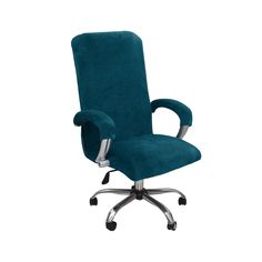 a blue office chair with chrome base and casteor wheels on an isolated white background