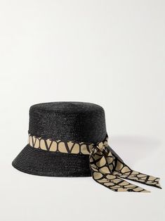 VALENTINO GARAVANI Printed silk-trimmed straw bucket hat | NET-A-PORTER Designer Adjustable Bucket Hat With Curved Brim, Designer Flat Brim Hats For Spring, Luxury Wide Brim Summer Bucket Hat, Luxury Wide Brim Bucket Hat For Summer, Designer Short Brim Bucket Hat For Summer, Elegant Black Bucket Hat, Designer Curved Brim Hat For Spring, Luxury Summer Bucket Hat, Elegant Woven Straw Bucket Hat