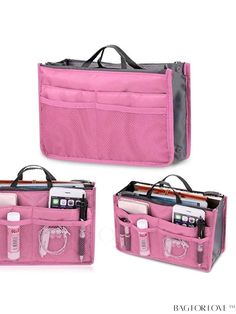 three pink purses with cell phones and other items in them on a white background