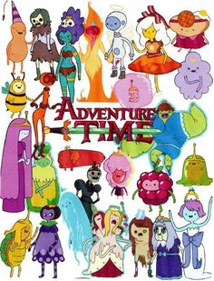 an advertisement for adventure time with cartoon characters and their names on the front, as well as