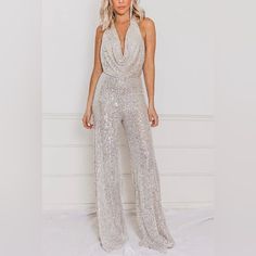 Sequin Halter Jumpsuit Xs Nwt Metallic Sequined Jumpsuits And Rompers For Party Season, Metallic Sequined Jumpsuits And Rompers For Night Out, Glamorous Metallic Jumpsuits And Rompers With Sequins, Glamorous Metallic Jumpsuit With Sequins, Glamorous Metallic Shimmer Jumpsuits And Rompers, Glamorous Metallic Jumpsuits And Rompers For Night Out, Glamorous White Sequined Jumpsuits And Rompers, Metallic Fitted Jumpsuits And Rompers For Party Season, Glamorous Full-length Party Jumpsuits And Rompers