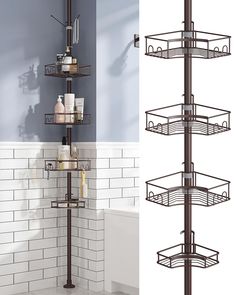 the corner shower caddy is shown in two different views