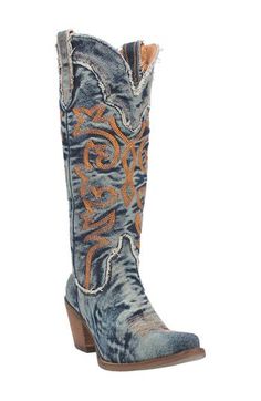 Classic topstitching amplifies the cowgirl aesthetic of a knee-high Western boot done in artfully faded denim. 3" heel 15" shaft Removable, cushioned insole Textile upper and lining/rubber sole Imported Western Style Denim Blue Boots For Fall, Western Denim Blue Boots For Fall, Denim Blue Western Boots For Fall, Western Style Denim Blue Boots With Round Toe, Western Boots With Round Toe In Denim Blue, Western Denim Boots For Rodeo, Denim Blue Western Boots With Round Toe, Blue Boots For Rodeo, Blue Boots For Western-themed Fall Events