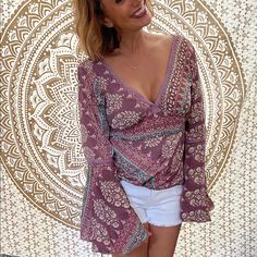 Karma Highway Open Back Blouse. B Neck And Side Zip. Unique Piece. Size Small Beach V-neck Peasant Top With Boho Print, Beach Boho Print V-neck Peasant Top, Boho Print V-neck Peasant Top For Beach, V-neck Peasant Top With Boho Print For Beach, Hippie Pink V-neck Tops, Hippie Long Sleeve Tops For Vacation, Boho Print Long Sleeve Beach Top, Multicolor Long Sleeve Peasant Top For Beach, Boho Print V-neck Peasant Top For Vacation