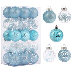 blue and white ornaments in a clear box