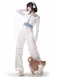 White long pants with red stitching, featuring a front zipper and button closure, and an adjustable elastic waistband at the back. Adorned with a fluffy bone charm at the waist.   	 		 			Size 			S 			M 			L 		 		 			Full Length 			101 			103 			105 		 		 			Thigh 			62 			64 			66 		 		 			Hips 			96 			100 			104 		 		 			Waist 			62 			66 			70 Steampunk Fashion Male, Gothic Skirts, Casual Summer Shorts, White Off Shoulder, Vest White, Blue Tank Top, Outfits With Hats, Shoulder Design, Pullover Jacket