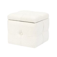 the foot stool is white and has a square cover on it's top, with a buttoned closure at the bottom