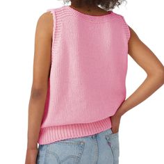 Pink V Neck Knit Sleeveless Sweater Trendy Sleeveless Cotton Sweater, Sleeveless Knit Sweater Vest, Fall Sleeveless Knitted Tank Top, Trendy Knitted Sleeveless Vest, Fall Knitted Sleeveless Tank Top, Trendy Knitted Sleeveless Tank Top, Spring Crew Neck Knit Sweater Vest, Chic Knit Crew Neck Vest, Chic Knit Vest With Crew Neck