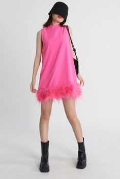 Mini Dress Pink Sleeveless Winter Dress, Pink Sleeveless Dress For Fall, Spring Feather Trim Mini Dress, Chic Feather Mini Dress For Spring, Chic Mini Dress With Feather Trim, Chic Feathered Mini Dress For Spring, Chic Spring Mini Dress With Feathers, Winter Mini Dress With Feather Trim, Trendy Sleeveless Winter Dress