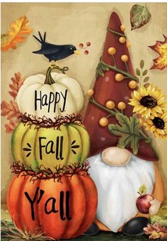 happy fall y'all with pumpkins, sunflowers and other autumn decorations