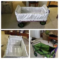 three pictures of the inside of a baby's wagon