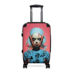 Creepy Futuristic Doll Pop Surreal Travel Suitcase Luggage Black Travel Luggage With Case Included, Black Luggage With Case For Travel, Travel Suitcase, Backpack Travel Bag, Suitcase Traveling, Explore The World, Travel Bags, Surrealism, Turn Ons