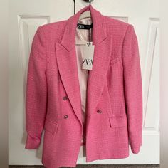 Brand: Zara Size: Medium (M) Condition: Brand New With Tags Details: Double-Breasted Button Closure, Padded Shoulders For A Structured Fit, And A Luxe Tweed Fabric. Why I’m Selling: Unfortunately, This Was An Impulse Buy, And It Doesn’t Quite Suit My Style As I Had Hoped. My Loss Is Your Gain! Pink Tweed Jacket With Buttons For Winter, Pink Tweed Jacket For Spring Office Wear, Pink Tweed Jacket With Buttons For Fall, Formal Pink Tweed Blazer, Zara Tweed Jacket For Office In Spring, Spring Tweed Blazer For Office, Fitted Spring Tweed Jacket Button-up, Pink Tweed Workwear Jacket With Buttons, Zara Spring Tweed Blazer