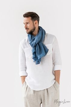 "Men's linen scarf in various colors. Add a pop of color and texture to your wardrobe with this stylish and elegant linen scarf. Lightweight and breathable, this scarf for men is handmade from the finest linen fabric. Style it as a shawl on cooler evenings or rock it as a necktie for an extraordinary and fun look. Available in: Light gray, Cappuccino, Cinnamon, Dusty blue, Navy blue, Ocean blue. Color in a photo: Cappucino. Please note that due to the many variations in monitors and browsers, ac Mens Linen Shorts, Linen Shawl, Scarf For Men, Mens Linen Pants, Linen Scarf, Linen Men, Linen Scarves, Linen Shirt Men, Mens Linen