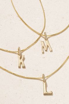 MARLO LAZ Letter Charm 14-karat gold diamond necklace | NET-A-PORTER M And J Necklace, Yellow Gold Pendant Initial Necklace With Diamond Accents, Formal Initial Pendant Necklace With Clavicle Chain, Dainty Diamond Name Necklace In Gold, Dainty Gold Diamond Name Necklace, Dainty Gold Name Necklace With Diamond, Dazzling Gold Necklace, Gold Initial Pendant Name Necklace With Diamond Accents, Luxury Cubic Zirconia Initial Pendant Jewelry