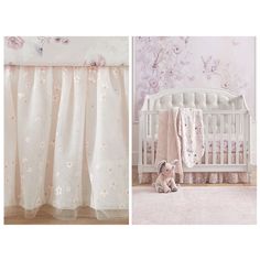 a baby crib bedding set with pink and white flowers on it, next to an image of a teddy bear