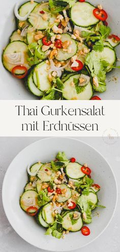 cucumber salad with peanuts in a white bowl