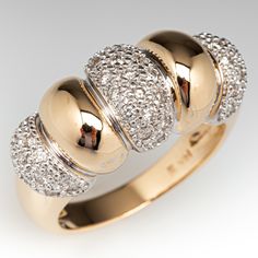 This elegant 14K yellow and white gold ring features a domed design with diamond pave' sections interspersed by yellow gold bright polished sections. The ring is accented with forty-five (45), pave' set, round brilliant cut diamonds. The ring measures 11.1mm at the top, rises 7.8mm above the finger, tapering to 3.5mm wide and 1.1mm thick at the base of the shank. This ring is currently a size 9. Luxury Engagement Dome Ring With Pave Setting, Gold Domed Diamond Ring With Accents, Art Jewelry Design, Etsy Promotion, Gold Rings Fashion, Dome Ring, Rings Fashion, Gold Diamond Jewelry, Expensive Jewelry