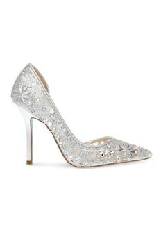 Step out in style in the Chic patterned stone heel by Betsey Johnson! Its pointed-toe and unique chop-out rhinestone design is embellished over sheer nude mesh, providing a classic and sultry look. | Betsey Johnson Chic Pumps, Silver, 8M Spring Satin Heels With Pointed Toe, Elegant Satin Wedding Shoes For Spring, Spring Wedding Satin Heels, Spring Wedding Shoes With 4-inch Heel, Spring Wedding Shoes In Satin With Pointed Toe, Spring Formal Satin Wedding Shoes, Satin Closed Toe Evening Heels, Holiday Event Closed Toe Heels, Formal Closed Toe Synthetic Wedding Shoes