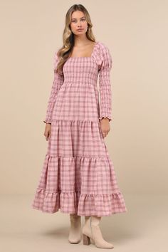 If playful perfection is your vibe, look no further than the Sister Jane Pointe Check Pink Plaid Smocked Tiered Long Sleeve Midi Dress! Midweight woven fabric boasts a plaid, checkered design as it shapes long, Juliet-style sleeves with ruffled cuffs, smocked forearms, and adorable puffed shoulders with elastic. Square neckline tops a fitted, smocked bodice with a high waist. Skirt has a tiered silhouette that falls to a long midi hem. Fit: This garment fits true to size. Length: Mid-calf length. Size uk m/us 6 measures 51" from shoulder to hem. Bust: Great for any cup size. Waist: Fitted - elastic waist allows stretch. Hip: Not Fitted - fuller skirt allows room for hips. Undergarments: May be worn with a strapless bra, adhesive bra, petals, or no bra. Fabric: Fabric has no stretch. Unline Sister Jane, Checker Design, Checkered Design, Long Midi, High Waist Skirt, Long Sleeve Midi, Pink Plaid, Long Sleeve Midi Dress, Dress 100