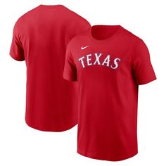 The Men's Nike Red Texas Rangers Fuse Wordmark T-shirt is the perfect way to show unwavering support for the Texas Rangers. Made from soft cotton, this crew neck tee features screen print graphics that proudly display the Rangers logo. Whether cheering from the stands or hanging out, this shirt lets everyone know you're a true Texas Rangers fan. Screen print graphics Short sleeve Machine wash, tumble dry low Officially licensed Crew neck Material: 100% Cotton Imported Brand: Nike Nike Collegiate Crew Neck T-shirt, Nike Crew Neck T-shirt For Fan Merchandise, University Red Crew Neck Graphic Tee, University Red Collegiate T-shirt Crew Neck, University Red Crew Neck T-shirt With Team Logo, Nike Collegiate Red Tops, Nike University Red Crew Neck T-shirt, Nike Red Collegiate Top, University Red Crew Neck T-shirt For Fans