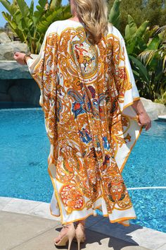 White & Gold Designer Print Silk Caftan Womens Silk Kaftan Unique Resume, Silk Caftan, Pool Wear, Silk Kaftan, Dress Silk, French Riviera, Truck Bed, Bed Storage, Kimonos