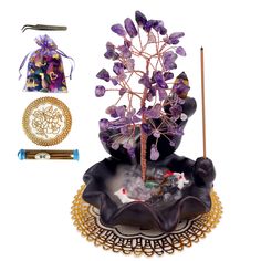 PRICES MAY VARY. Rich Incense Burner Kit ➤ You will receive a ceramic incense burner with crystal tree, 30 mixed scented smoke backflow incense cones, 50 sandalwood sticks, a gilded insulation pad and a pair of tweezers. You can enjoy the wonderful censer without buying other accessories Crystal Incense Holder ➤ On the basis of lotus fish waterfall incense burner, the element of crystal stone fortune tree is added, which is unique and full of meaning. Lit a incense, the smoke will flow into the Crystals Tree, Incense Waterfall, Waterfall Incense Burner, Waterfall Incense, Accessories Crystal, Lotus Flower Design, Ceramic Incense, Backflow Incense, Crystal Tree