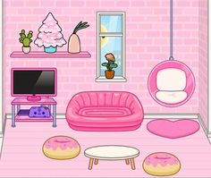 a living room with pink walls and furniture