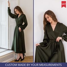 "👉 This faux wrap cocktail dress is made of silky satin. You don't need to tie the dress, it has an elastic waist. Has separate elastic sash. 👉 All dresses are custom and I make the dress by your measurements, that's why it is very important to leave all measurements in the box \"personalization\". Please, see in my instruction \"How to measure\". If you have any questions about measurements, do not hesitate to ask about it, I will gladly help. 👉 You need to choose approximate size according to your bust measurements and then leave all needed measurements in box \"Personalization\". The sizes: XS, S, M, L, XL, 2XL, 3XL, 4XL, 5XL (see the Size Guide in the photo of this listing).  👉 The standard length of this dress from the waist is 45 inches (115 cm). You can change dress length, slee Semi Formal Wedding Guest Dress, Pre Wedding Dress, Dress Mother Of The Groom, Dress Fall Wedding Guest, Wedding Guest Dress Fall, Casual Fall Wedding, Semi Formal Wedding, Formal Wedding Guest Dress, Formal Wedding Guests