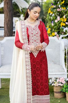 INSTRUCTIONS: Actual Color may slightly vary from the image shown. Stitched Includes fabric only.Extra laces and tassles used in our outfits are only for shoot purposes and will not be included in outfit when purchased. Red Blouse With Dupatta For Eid, Red Georgette Blouse For Eid, Red Palazzo Set With Intricate Embroidery And Long Sleeves, Red Naqshi Kurta, Red Blouse With Chikankari Embroidery For Wedding, Red Long Sleeve Georgette Lawn Suit, Red Naqshi Salwar Kameez With Long Sleeves, Long Kameez, Pakistani Clothes