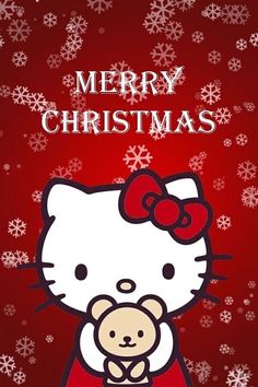 a hello kitty christmas card with snowflakes on it and the words merry christmas