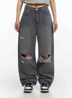 Gray / L Casual Jeans With Holes For Streetwear, Ripped Cotton Jeans For Streetwear, Baggy Ripped Jeans For Streetwear, Urban Style Ripped Gray Bottoms, Casual Ripped Streetwear Bottoms, Fall Streetwear Jeans With Holes, Oversized Edgy Jeans For Streetwear, Baggy Cotton Grunge Jeans, Edgy Oversized Jeans For Streetwear