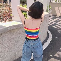 Size ChartOne sizeLength 21cm Bust 70cm Tank Top Outfit, Outfit Looks, Tank Top Outfits, Top Outfit, Tank Top Camisole, Rainbow Stripes, Women Tops, Men's Collection, Stripe Print