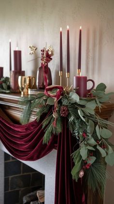 Fireplace Swag Christmas, Ribbon On Mantle, New Decoration Ideas, Christmas Stocking Mantle Ideas, Red And Gold Christmas Mantle Decor, Classic Christmas Mantle Decor, Asymmetrical Garland Mantle, Diy Apartment Christmas Decor, Christmas Garland Mantle Ideas