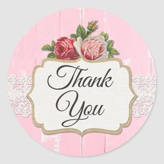 a pink thank you sticker with roses on it