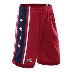 a red shorts with an american flag on the side and white stars on the side