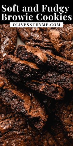 soft and fudgey brownie cookies on a white plate with text overlay