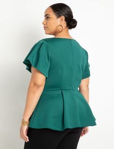 Plus Size Tops: Blouses & Shirts | ELOQUII Forest Biome, Pleated Sleeves, Biome, Double Knit, Work Wardrobe, Plus Size Blouses, Office Wear, Fitted Bodice, Flared Sleeves