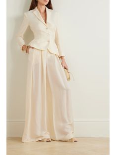 RALPH LAUREN COLLECTION Greer habotai wide-leg pants | NET-A-PORTER Elegant Formal Wide-leg Pantsuit, Tailored Wide-leg Evening Pantsuit, Tailored Evening Pantsuit With Wide-leg Pants, Luxury Notch Lapel Pantsuit For Wedding, Elegant Wide-leg Pantsuit For Formal Occasions, Elegant Formal Pantsuit With Wide-leg Pants, Fitted Elegant Wide Leg Pants, Luxury Notch Lapel Wedding Pantsuit, Elegant Formal Pantsuit With High-waisted Pants