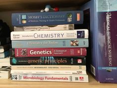 a stack of books sitting on top of a wooden shelf