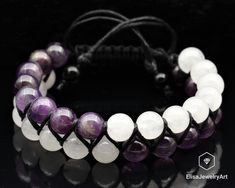 "Peace And Calm Bracelet Natural Selenite, Amethyst Macrame Double Row Bracelet Gift For Mom Mom Gift Idea Healing Gemstone Bracelet -ALL THE PRODUCTS AT ELISAJEWELRYART ARE HANDMADE AND MADE WITH NATURAL BEADS. -WHAT DOES THE AMETHYST STAND FOR The name amethyst translates in Greek to, \"not drunken.\" An ancient Greek myth explains this seemingly odd name. According to the myth, the god Bacchus was angry, and had vowed to descend a hoard of tigers upon the first person who crossed his path. Am Handmade White Amethyst Bracelets, Amethyst Properties, Men's Earrings, Peace And Calm, Greek Myth, Healing Gemstone Bracelets, Cardboard Jewelry Boxes, Crystal Meanings, Amethyst Beads