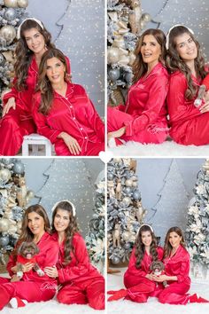 two women in matching red pajamas pose for pictures with their dog and cat near a christmas tree