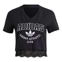 (WMNS) adidas Originals Cropped Lace Trim T-shirt 'Black' IL2417 Black Adidas Logo T-shirt For Sports Season, Collegiate Black Tops With Three Stripes, Adidas Logo T-shirt For Streetwear, Adidas T-shirt With Logo For Sports Season, Adidas Logo Tops, Black Athleisure Tops For College, Adidas Athleisure T-shirt For Streetwear, Adidas Sportswear Tops For Sports Season, Adidas Athleisure Tops For Sports Season