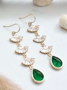 Green Art Deco Earrings Art Deco Statement Earrings Gold - Etsy Elegant Green Dangle Linear Earrings, Elegant Green Chandelier Earrings For Festive Occasions, Green Linear Earrings For Parties, Green Drop Earrings For Party, Green Emerald Dangle Chandelier Earrings, Festive Green Dangle Chandelier Earrings, Bohemian Green Earrings For Wedding, Green Bohemian Earrings For Wedding, Bohemian Green Chandelier Earrings For Wedding