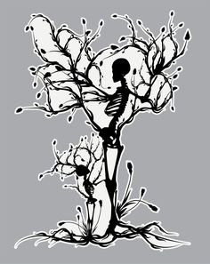 a black and white drawing of a skeleton standing next to a tree with flowers on it