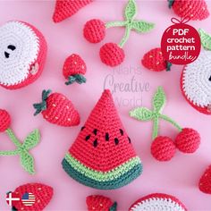 crochet pattern for watermelon and strawberries on pink background with text