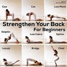 a woman doing yoga poses with the words, strength your back for beginners low cobra