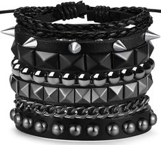 PRICES MAY VARY. Punk Rock: Sahoottie studded bracelet are suitable for men and women who like punk, gothic and rock styles. You can wear one of the bracelets alone, or wear multiple bracelets, or even match them with other different bracelets to show your unique personality aesthetic. Size: The emo bracelet size is 6.8-7.4 inches, the snaps of the leather bracelet are adjustable, and the beads are designed with elastic ropes. You can adjust the size by changing the position of the snaps. The co Punk Bracelets, Emo Accessories, Studded Bracelet, Spike Bracelet, Gothic Bracelet, Grunge Jewelry, Punk Accessories, Metal Cuff Bracelet, Bracelet Metal