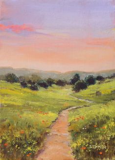 an oil painting of a dirt road in the middle of a field with wildflowers