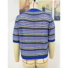 Blue Colorblock Striped Hollow Out Knit Sweater Casual Blue Color Block Sweater, Blue Open Knit Sweater For Spring, Blue Patchwork Casual Sweater, Casual Blue Patchwork Sweater, Blue Knit Color Block Tops, Blue Patchwork Crew Neck Sweater, Blue Knitted Crew Neck Top, Blue Open Knit Top, Blue Open Knit Top For Fall